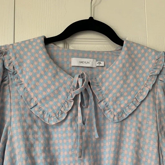 Greylin Blue and Pink Gingham Checkered Smocked Blouse Top Size S - Picture 2 of 14